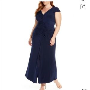 Portrait Collar Ruched Evening Gown In Navy